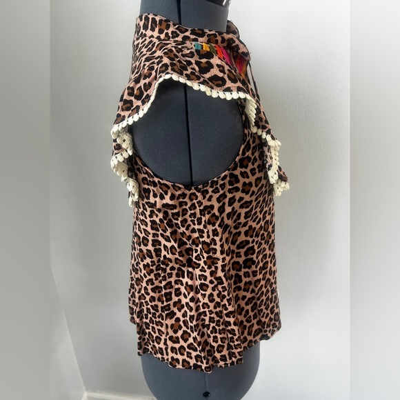 THML Boho Leopard Print Embroidered Tassel Top Sz S Ruffle Sleeve Festival Chic - Picture 8 of 16